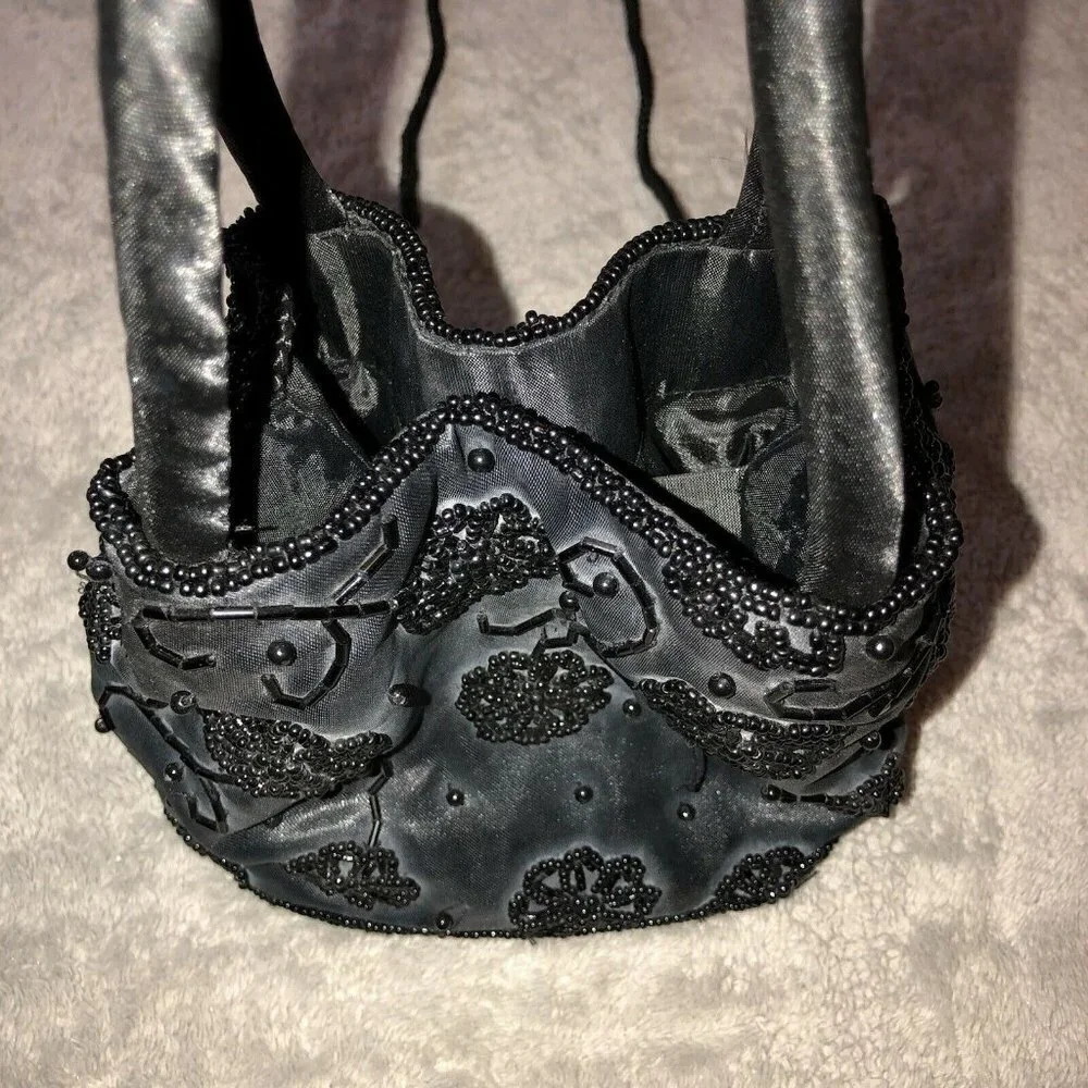 Vintage SASHA Black Satin Handmade Beaded Evening Bag with Crossbody Strap